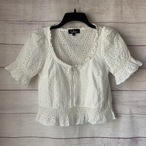 Lulus Sweet Sunshine White Eyelet Lace Crop Top Puff Sleeves Tie String Size S